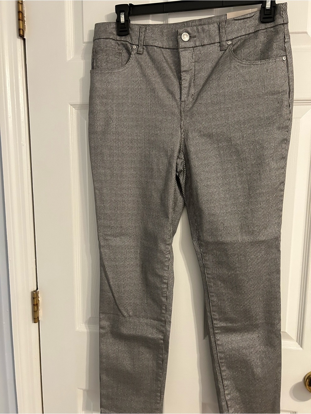 Chico's Gray and Silver Pinstripe So Slimming Girlfriend Jeans Sz 10R